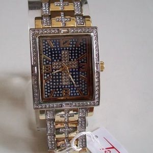 Men's Stones Gold/Silver/Blue Dial Cross Fashion Dress Up Or Casual watch